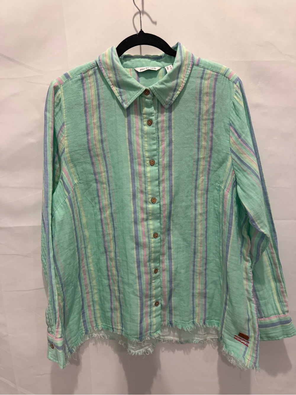 Peace Love World Mint Stripe Button-Down Shirt size Large.bohemian coastal
